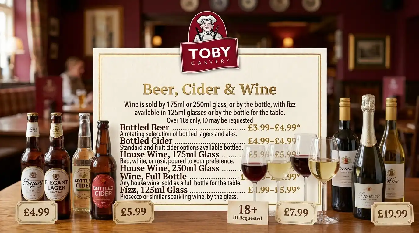 Toby Carvery bottled beer, cider and wine by the glass or bottle
