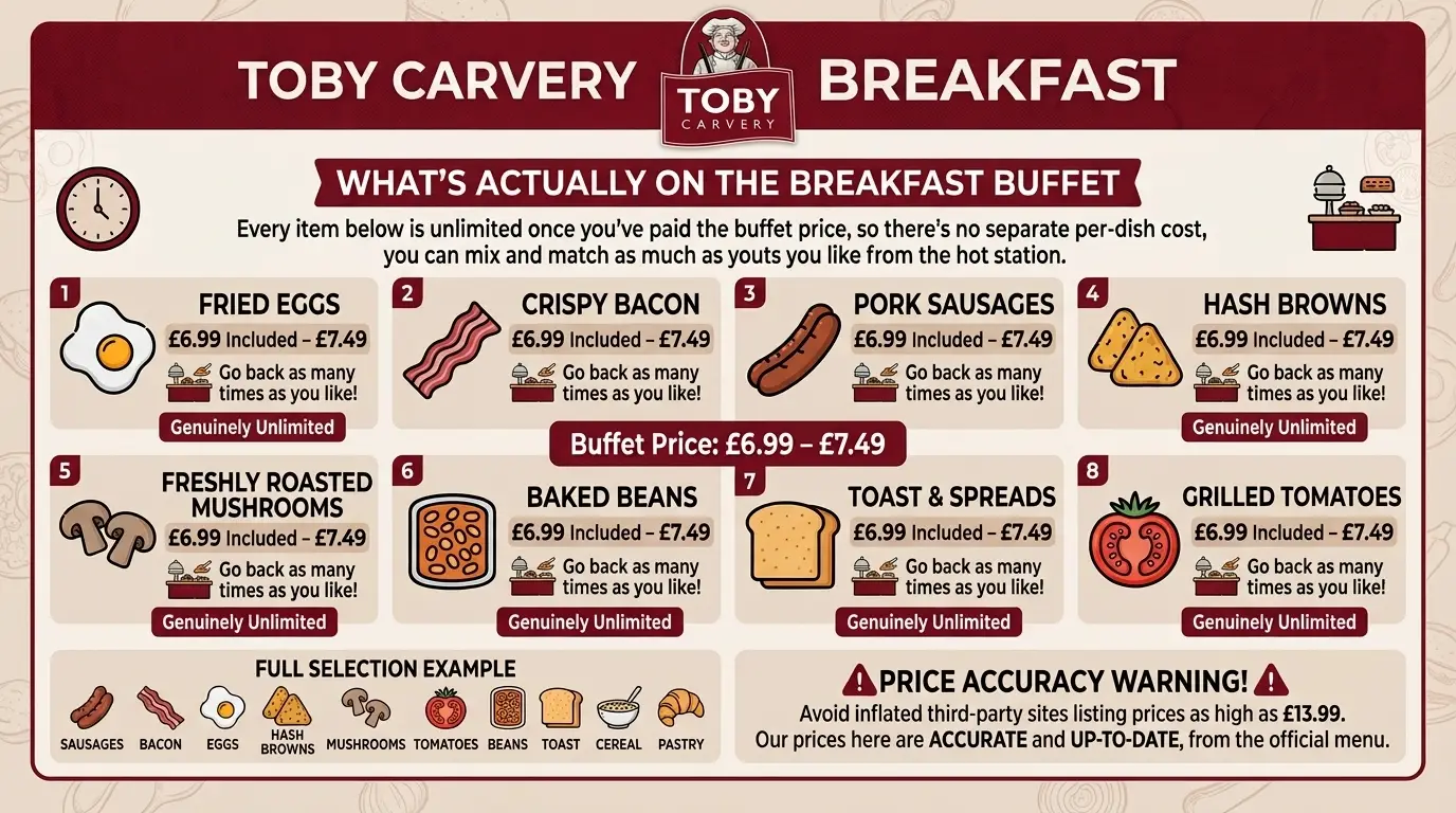The Toby Carvery all-you-can-eat breakfast buffet with eggs, bacon, sausages, hash browns and beans