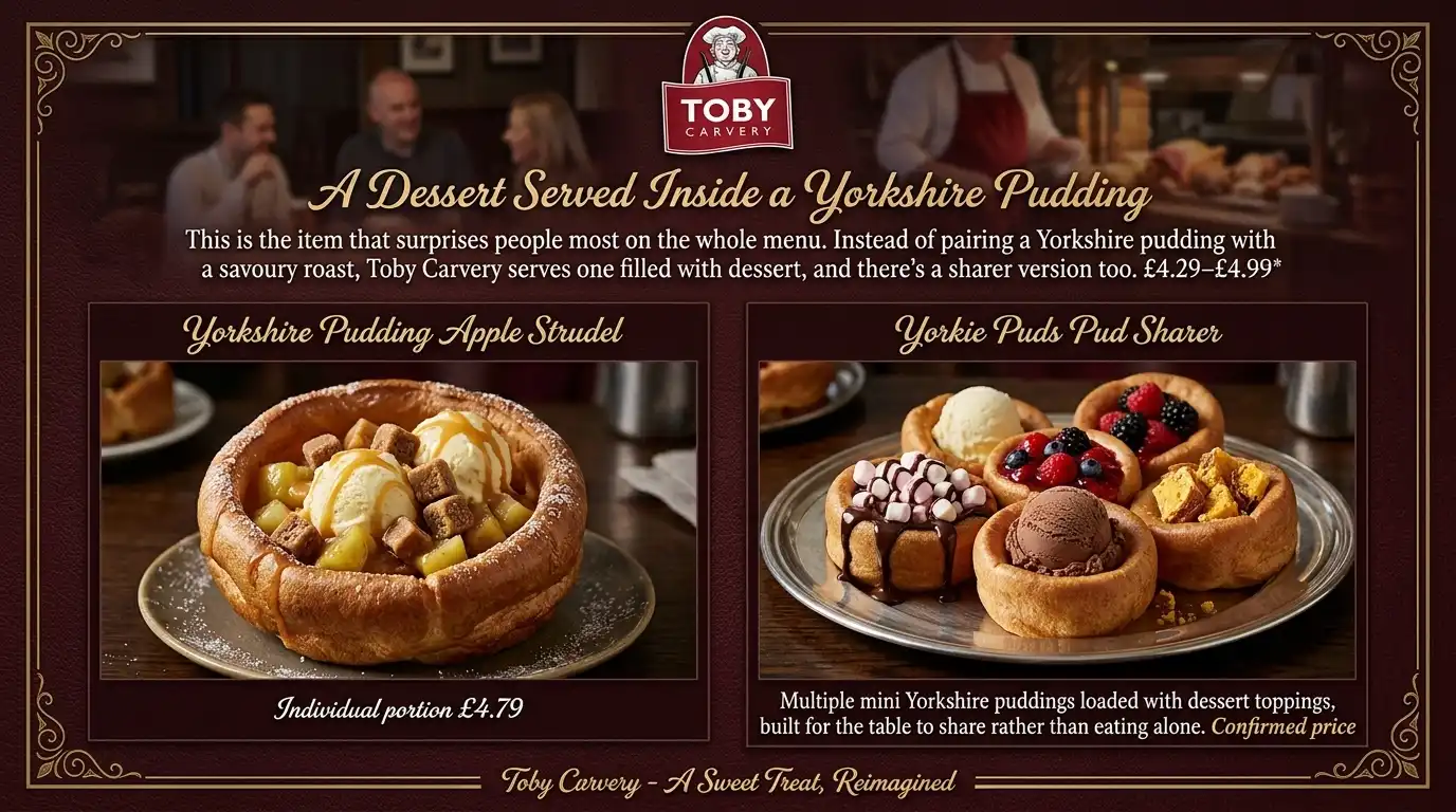 A Toby Carvery dessert served inside a Yorkshire pudding with ice cream and salted caramel
