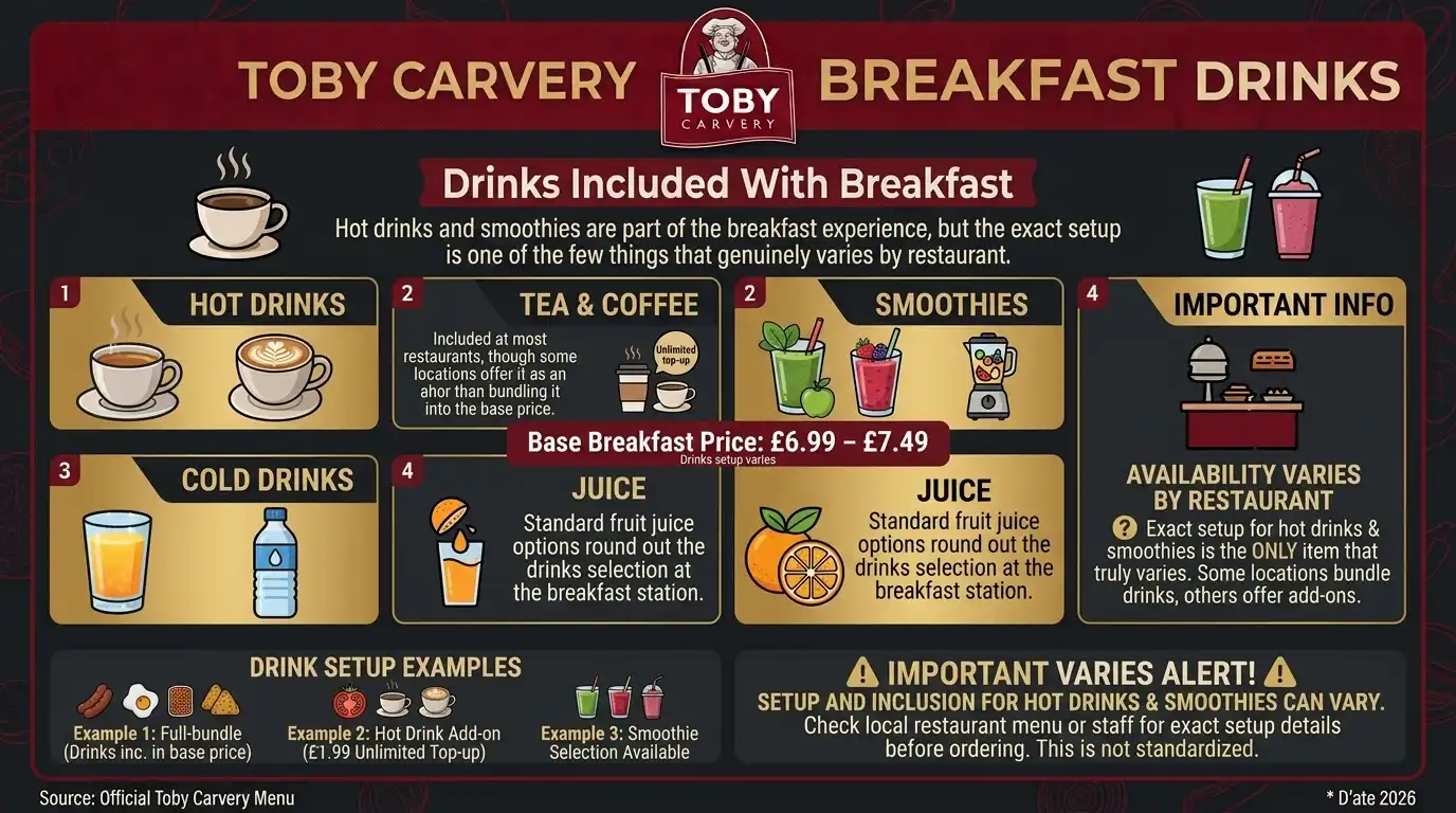 Tea, coffee, smoothies and juice available with Toby Carvery breakfast