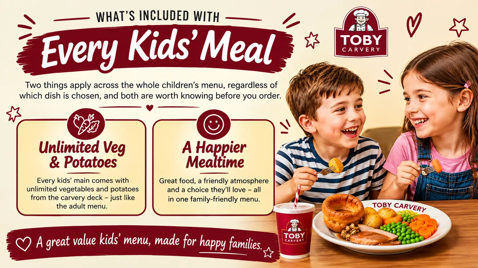 Toby Carvery kids' meal with unlimited vegetables and potatoes from the carvery deck