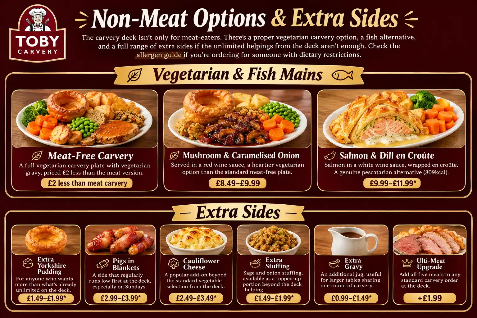 Toby Carvery vegetarian and fish options and extra sides