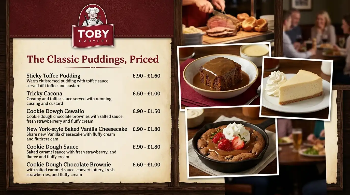 The classic Toby Carvery puddings: sticky toffee pudding, baked vanilla cheesecake, chocolate fudge cake and more