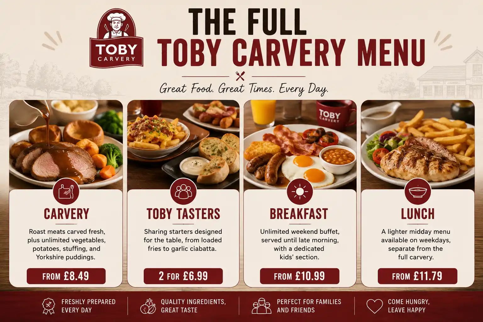 The full Toby Carvery menu: carvery, breakfast, kids, desserts, drinks and vegetarian options