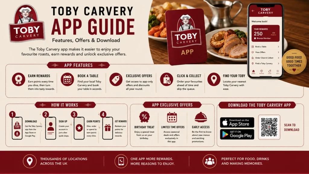 Toby Carvery app guide showing the main features