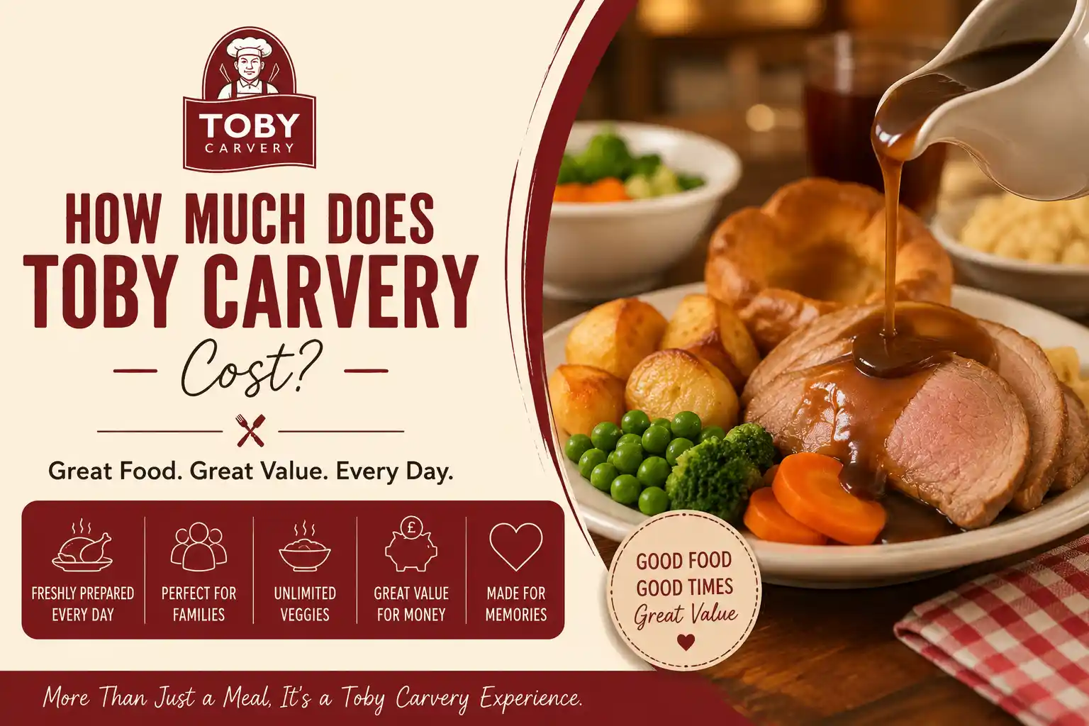 A Toby Carvery roast dinner with carved meat, roast potatoes, Yorkshire pudding and vegetables