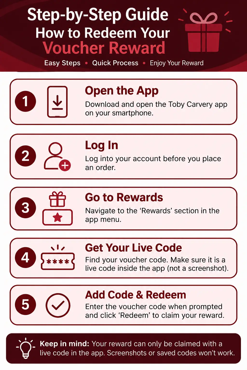 Toby Carvery Club live reward code shown inside the app
