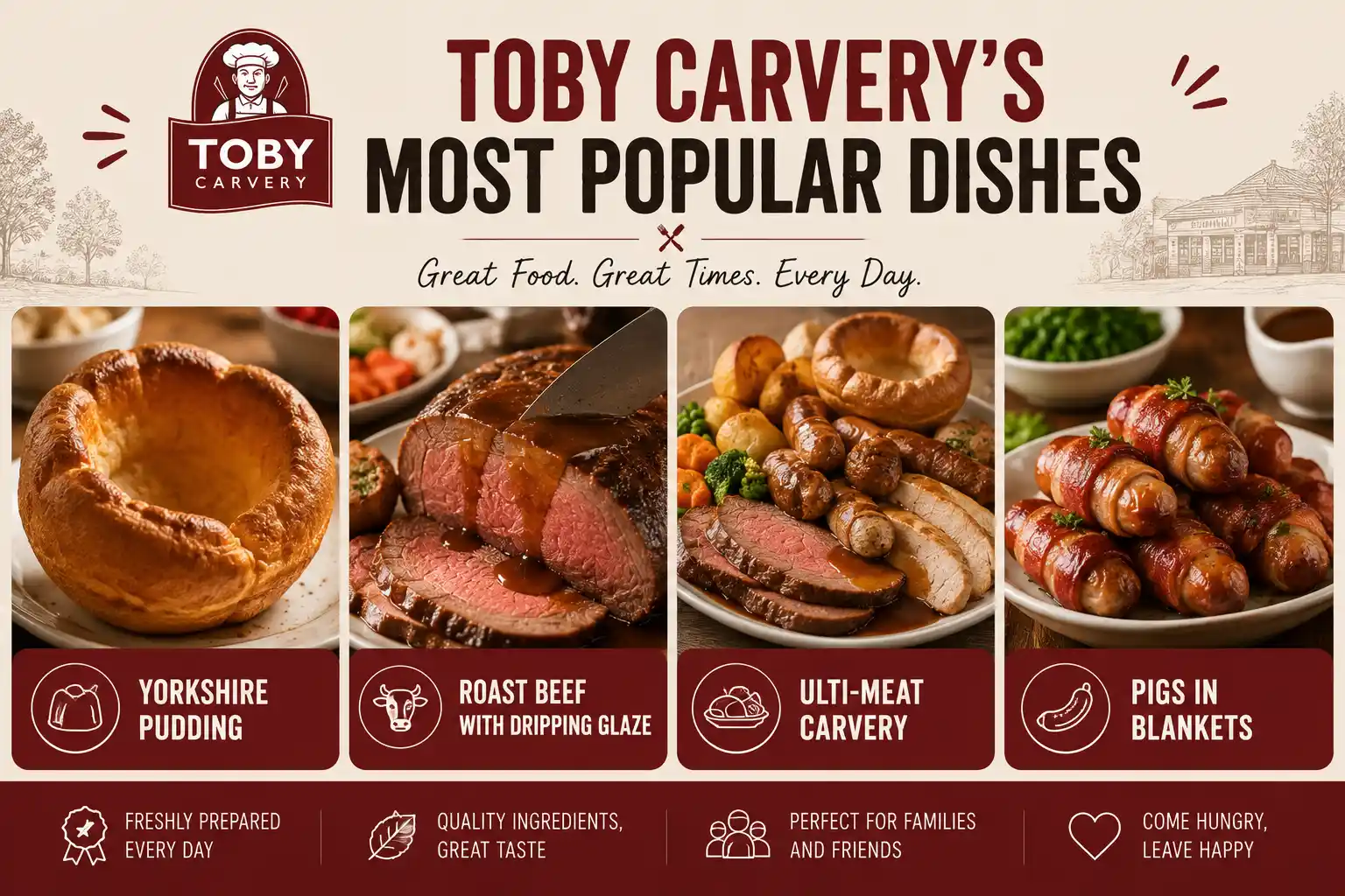 Popular Toby Carvery dishes: Yorkshire pudding, roast beef, pigs in blankets and desserts
