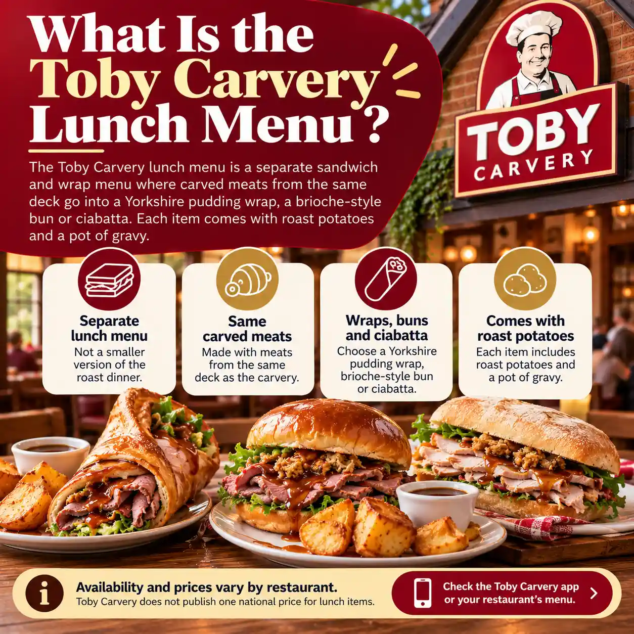The Toby Carvery lunch menu: sandwiches and wraps with a choice of Yorkshire pudding wrap, brioche-style bun or ciabatta