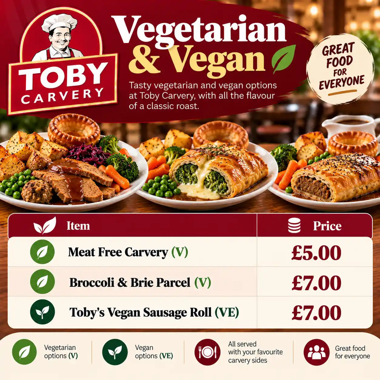 Toby Carvery vegetarian and vegan menu